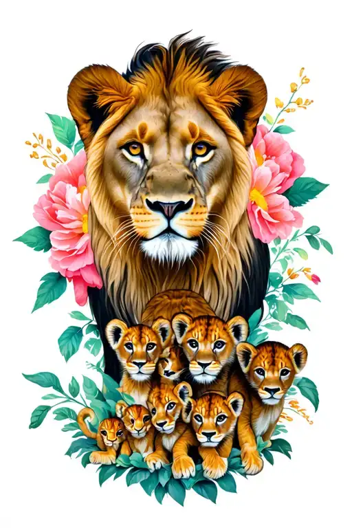 Lioness With 5 Cubs Surrounded Floral