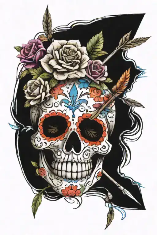 Sugar Skull Shot With Arrow Through Head Roses Intertwined And Around The Outside