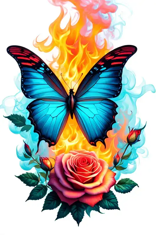 Butterfly And Roses With Fire Smoke