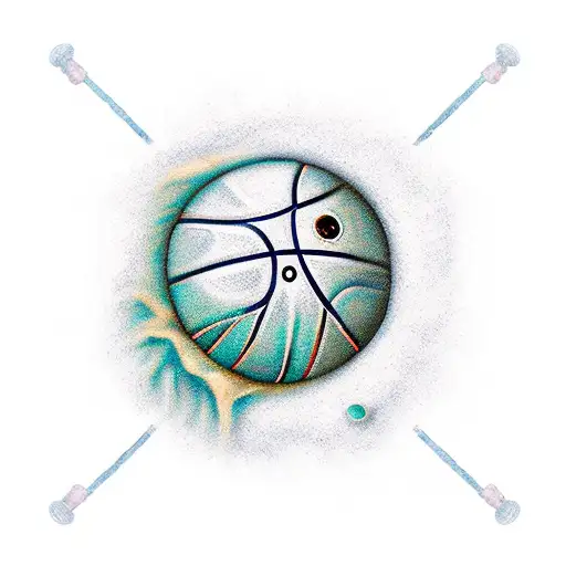 A Basketball In The Form Of An Eyeball Hanging On Nerves From A Basketball Ring