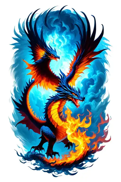 Dragon Breathing Fire Surrounding A Rising Phoenix From The Flames