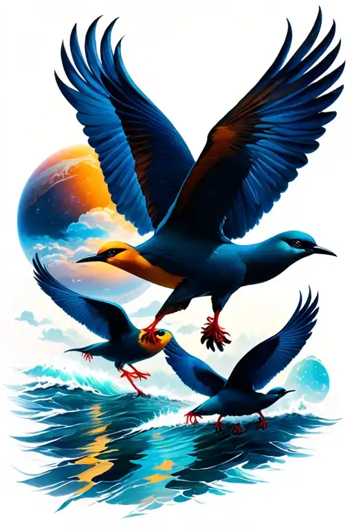Ocean And Space With 3 Birds