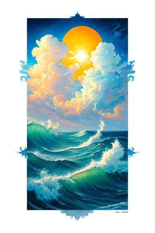 Clouds With Cecilia And Sunshine Peaking Through And Ocean Waves