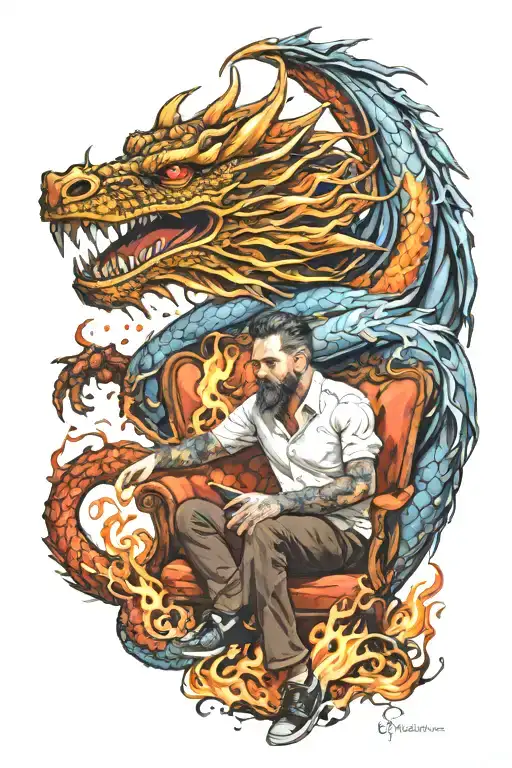 Flaming Dragon Coming Out Of Man Sitting
