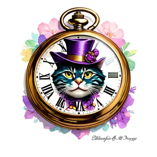 Pocket Watch With Mad Hatter's Hat At The Top And Cheshire Cat At The Bottom