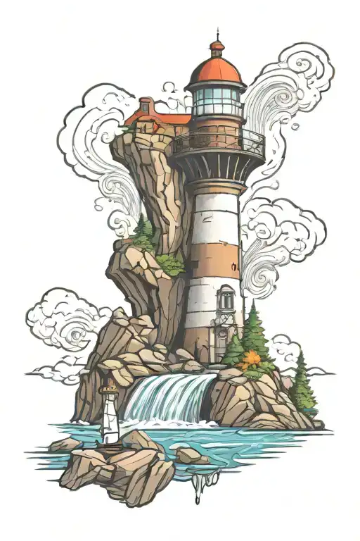 Lighthouse And Waterfall Cascading