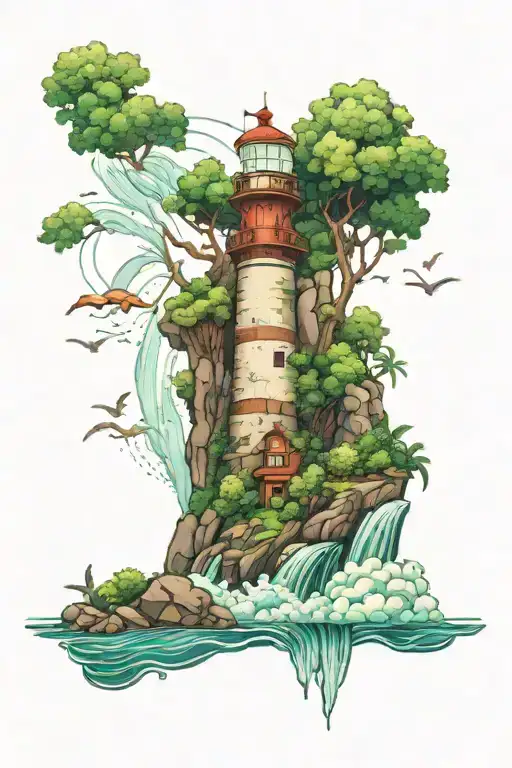 Lighthouse And Waterfall Surrounded By Lush Greenery