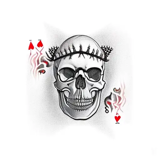 A Realistic Skull With A Wide Jaw And Crown Of Thorns In The Middle Of A Flaming Ace Of Spades Card