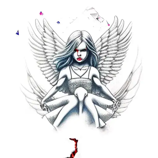 Female Angel Crouched Over A Red Shattered Heart