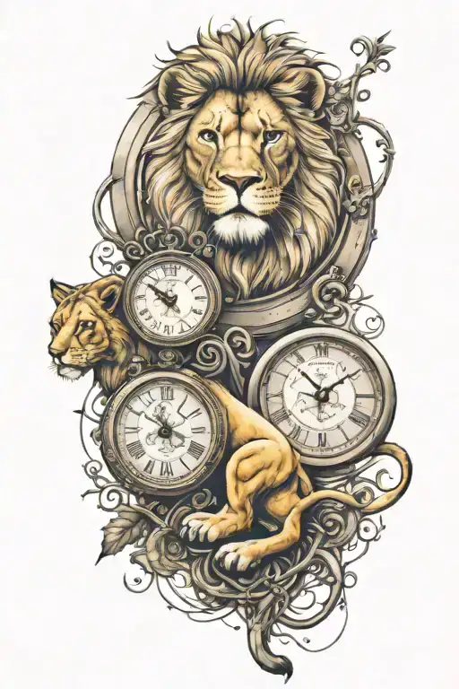 Clock And Lion And Lion Cub