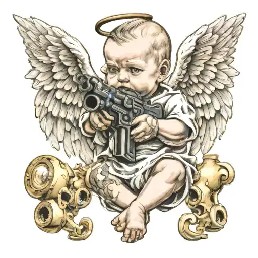 Baby Angel Holding Gun Barrels
