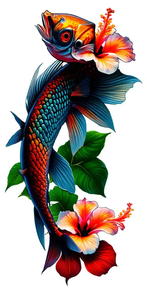 Koy Fish And Hibiscus Flowers