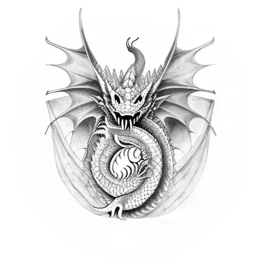 Ancient Dragon With Scrolls Wrapped Around The Body