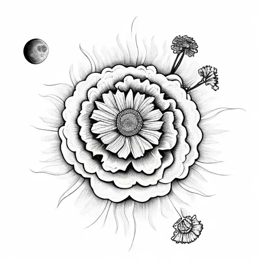 Marigold Flower Surrounded By Carnation Flower With Moon An Sun Rays Included