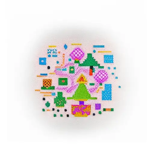 A Colorful And Whimsical Pixel Art Tattoo Sleeve With Mushroom Caps Of Different Shapes And Patterns