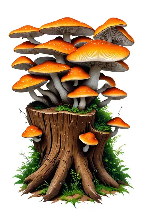 Tree Stump And Mushrooms Coming From The Stump
