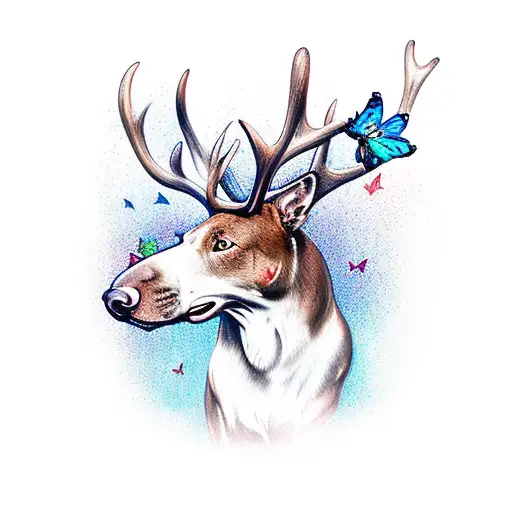Red Nosed Pitbull With Moose Antlers And Blue Butterflies
