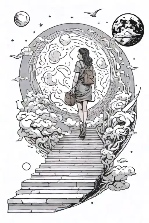 Girl Walks Endless Stairs To Moon