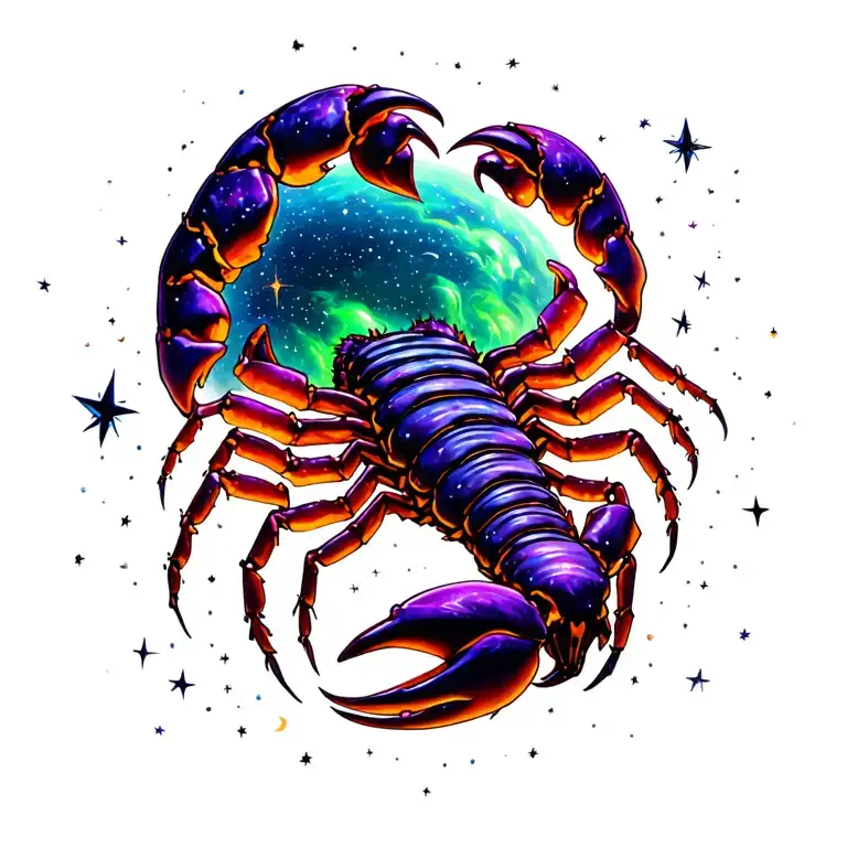 Scorpio In Space Surrounded With Star Purple And Green
