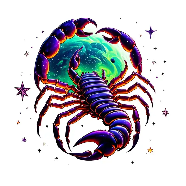 Scorpio In Space Surrounded With Star Purple And Green