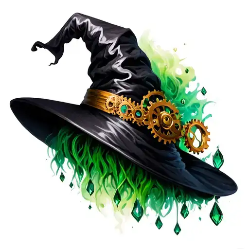 Wizard Of Oz Black Witches Hat With Emerald Colours And Cogs Up The Side Of The Hat
