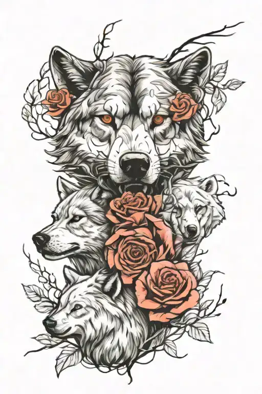 Wolf And Rose And Bear Head
