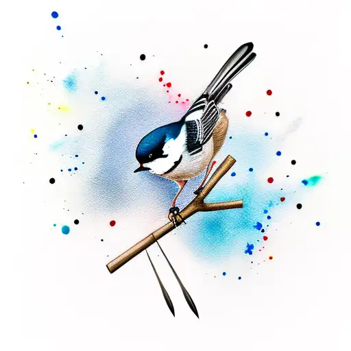 A Minimalist Tattoo Of A Chickadee Perched On A Paintbrush With Watercolor Splatters Around It