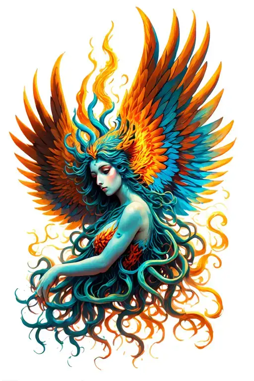 Medusa And A Pheonix Rising Phoenix Wings Spread Bright