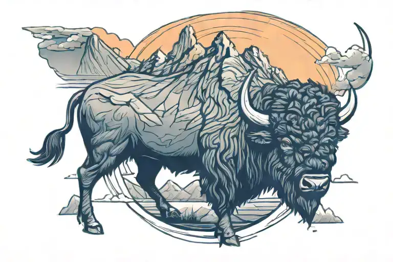 Buffalo With Sunset And Mountains Inside The Outline