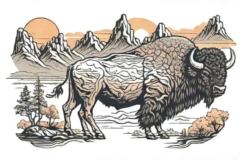 Buffalo With Sunset And Mountains Inside The Outline