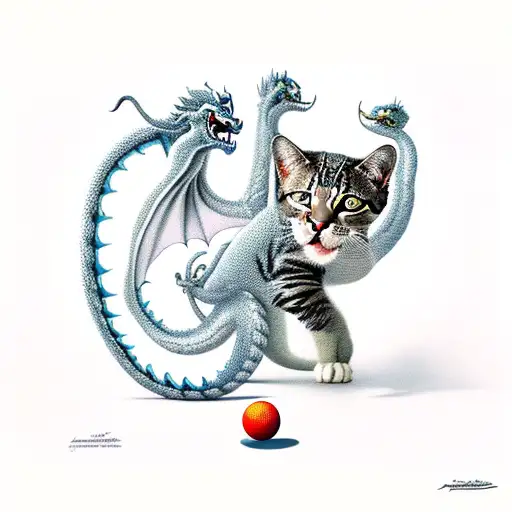 Dragon And Cat Playing Balls