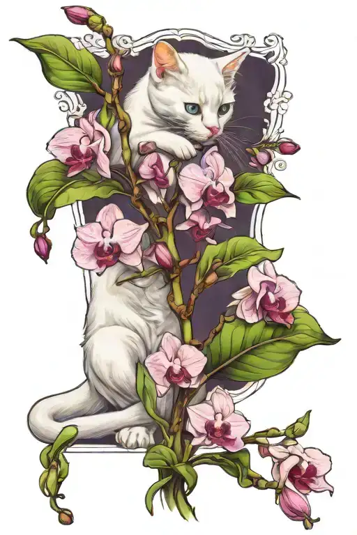 White Kitten Sits And Sniffs Orchid Branch