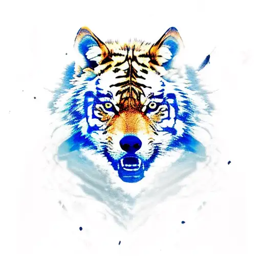 Wolf Pack With A Tiger With Blue Eyes