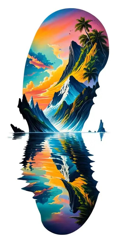 Ocean Transitioning To Mountains Reflected