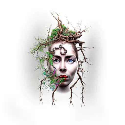 Tree With Roots And Chains Embedded In A Face Portrait Of A Queen