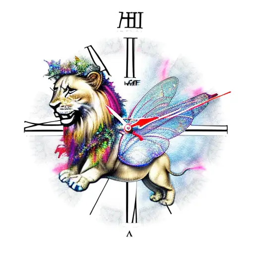 Fairy On Lion With Clock Behinde