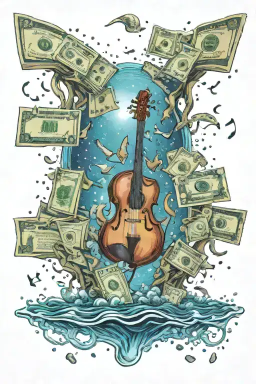 A Cosmic Ocean Scene With Money Floating In The Water And Music Notes In The Sky
