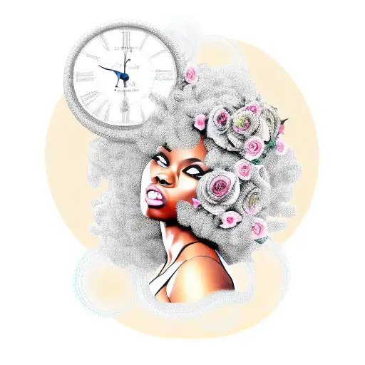 Black Girl Side Profile With Big Curly Hair Surrounded With Roses And A Clock On Leg