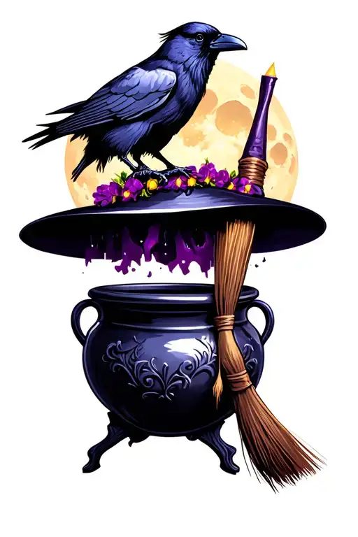 Witchy Cauldron With Raven And Hat And Broom In Front Of Moon
