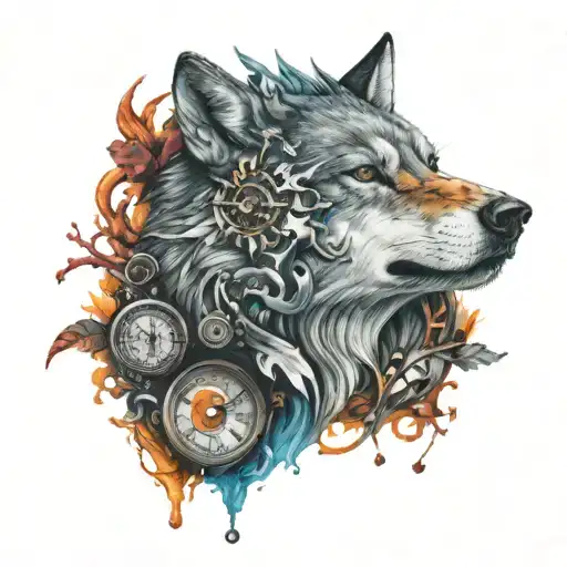 Time And Wolf Face Tattoo