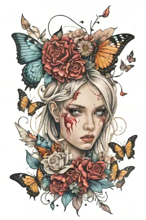 Angel With Bloody Eyes And Butterflies And Flowers