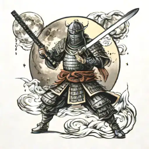 Samurai In Armor Cuts The Moon With A Katana