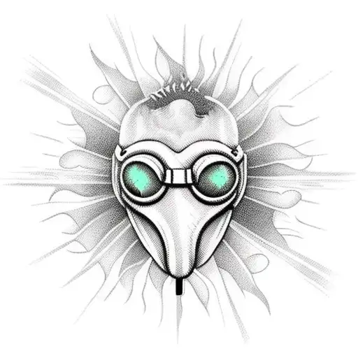 Plague Doctor Mask In Front Of Retrowave Sun