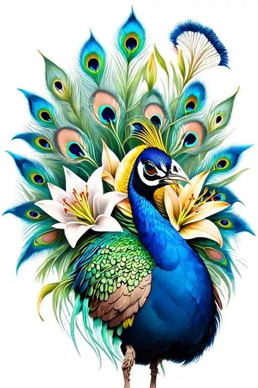 Peacock And Lilies Intertwined