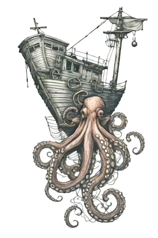 Octopus Wrapped Around Smaller Fishing Boat