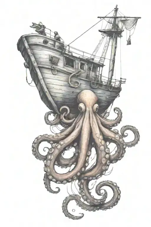 Octopus Wrapped Around Crushing Smaller Fishing Boat