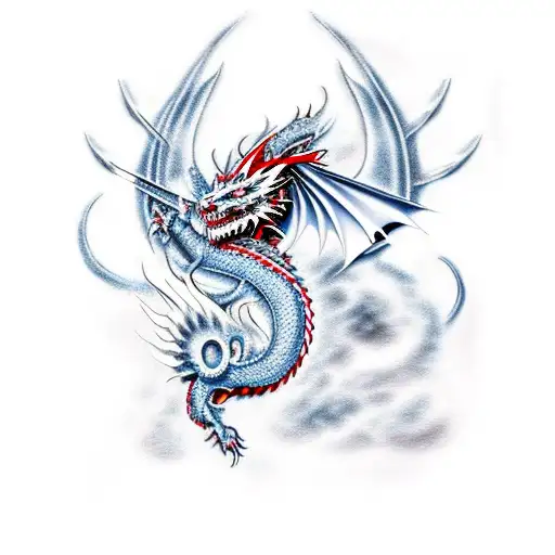 White Dragon With Samurai And Fire