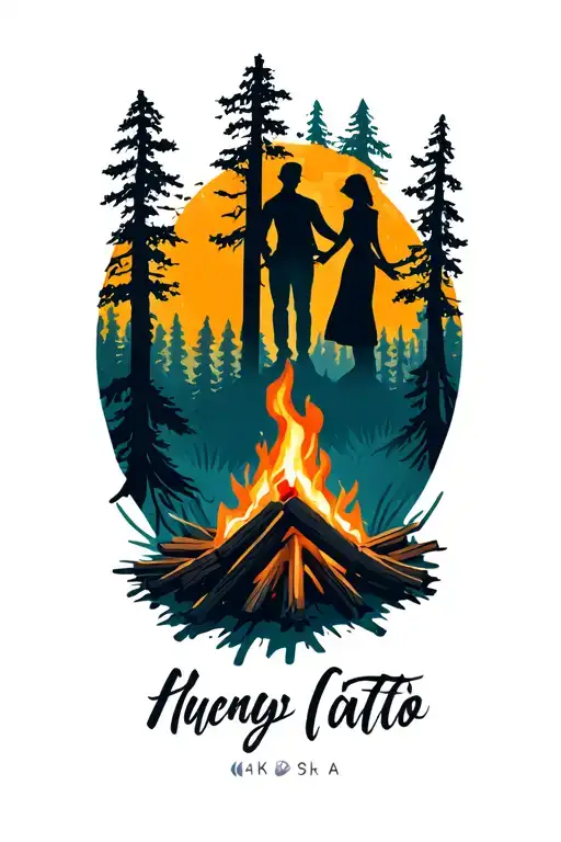 Campfire In The Forest With Silhouette Of Husband And Wife