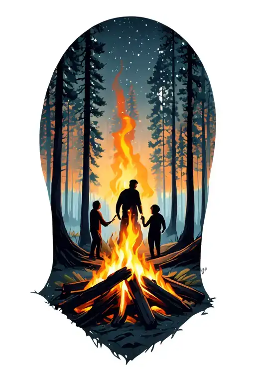 Campfire In The Forest With Silhouette Of Young Family