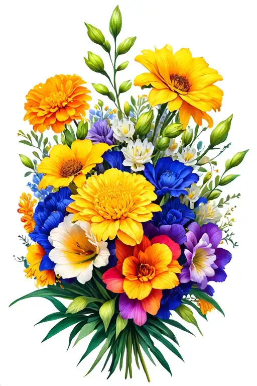 Gladiolus And Chrysanthemum And Marigold Bouquet Wrapped